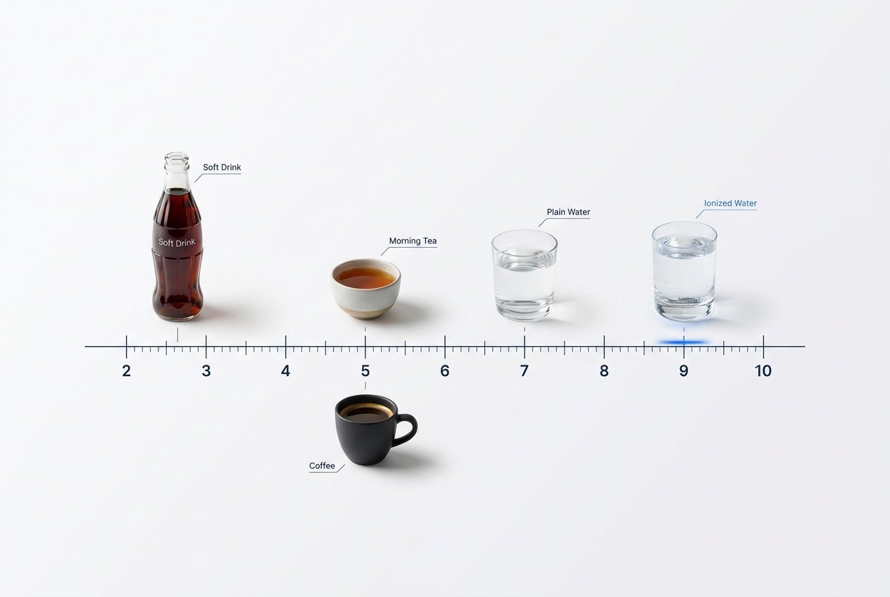 pH of everyday drinks: soft drink and coffee acidic near pH 2.5 to 5, morning tea around 5, plain water at 7, SOMAWA ionized water at pH 9