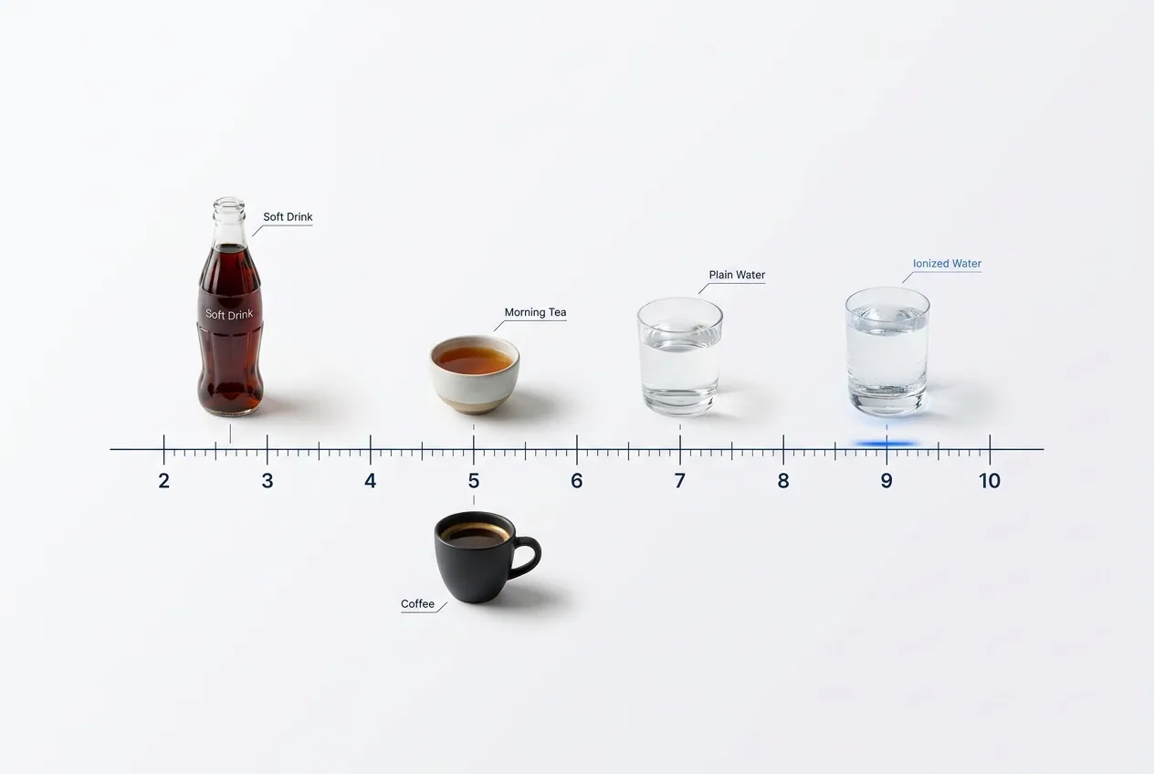pH of everyday drinks: soft drink and coffee acidic near pH 2.5 to 5, morning tea around 5, plain water at 7, SOMAWA ionized water at pH 9