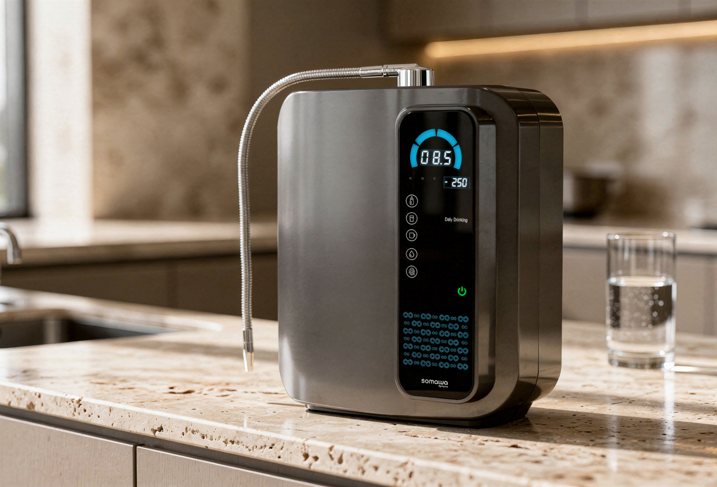 Amara installed on a kitchen tap — clean counter, natural light