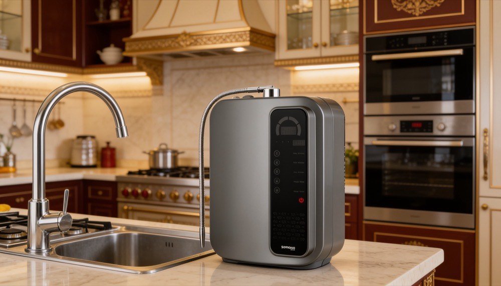 SOMAWA Amara installed in a premium kitchen — marble countertop, connected to tap