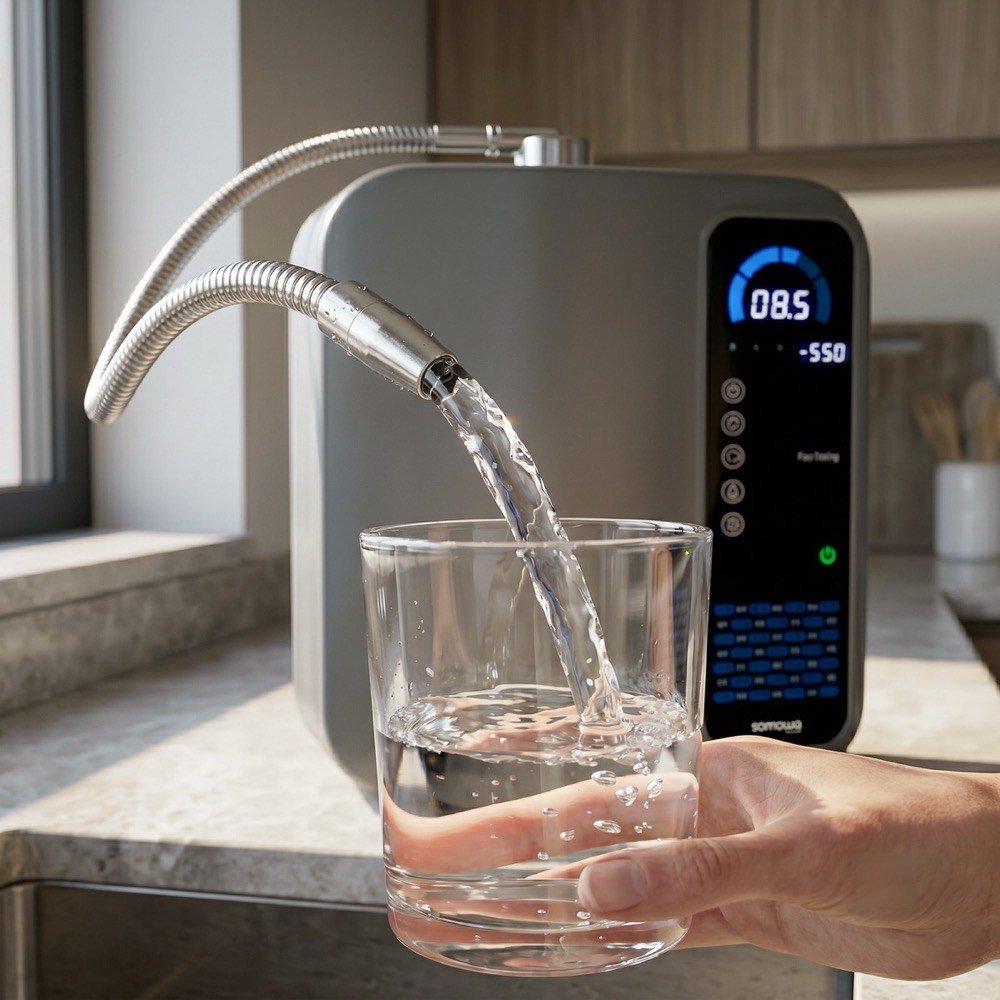 Water being poured from Amara into a glass — close-up, natural light