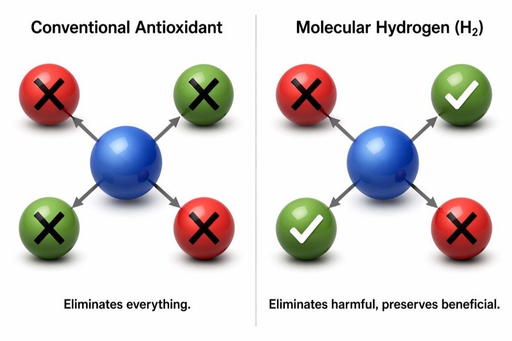 Conventional antioxidant eliminates everything vs Molecular Hydrogen selectively eliminates harmful radicals and preserves beneficial ones