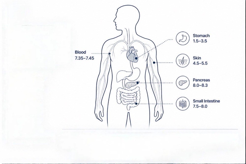 Body pH map — human silhouette with labelled organs: Stomach 1.5–3.5, Skin 4.5–5.5, Blood 7.35–7.45, Pancreas 8.0–8.3, Small Intestine 7.5–8.0