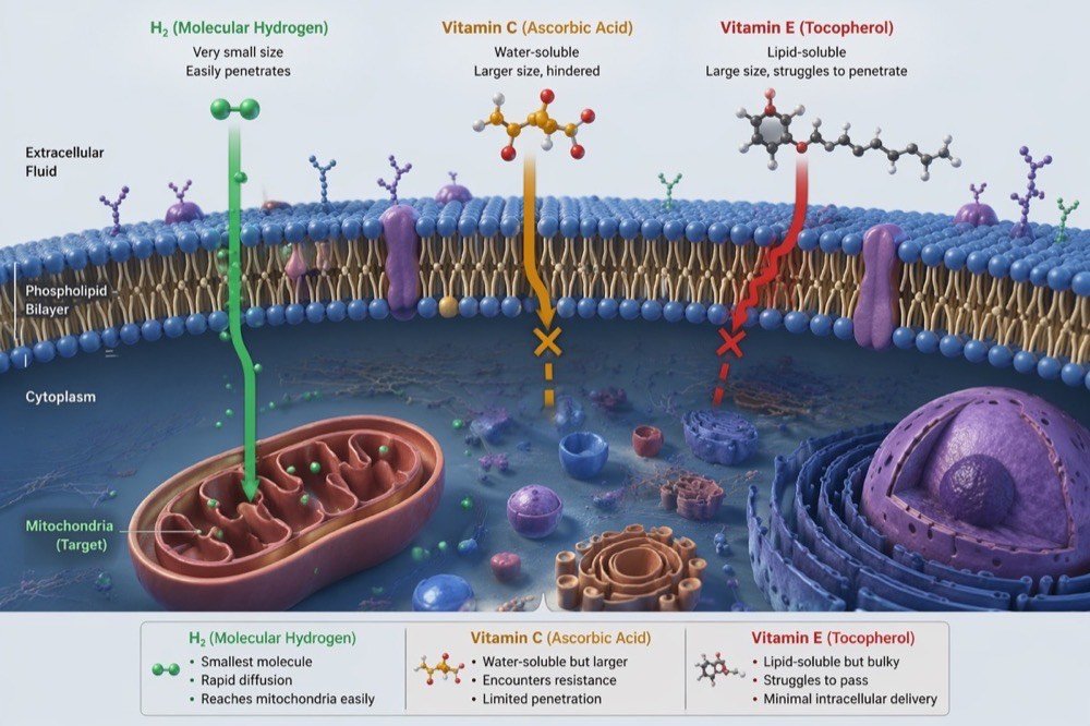 Cell membrane cross-section showing H2 easily penetrating to mitochondria (green arrow), Vitamin C partially blocked (amber arrow), and Vitamin E struggling to pass (red arrow)
