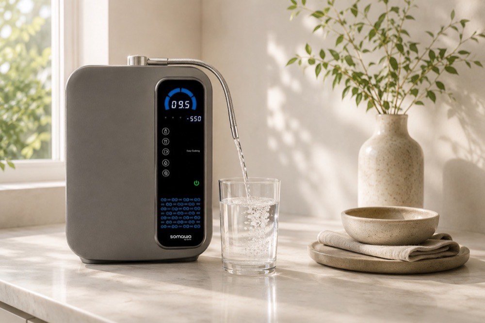 SOMAWA ionizer pouring fresh alkaline water into a glass on kitchen counter
