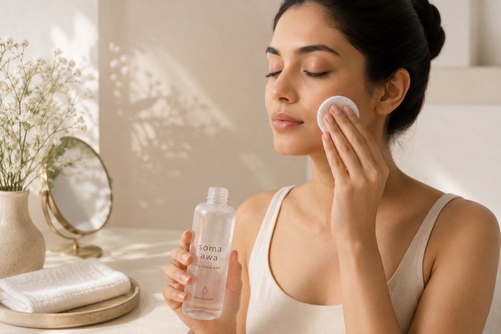 Woman applying SOMAWA beauty water as facial toner