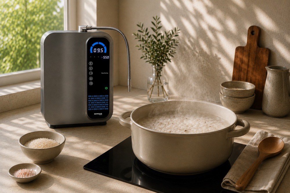 SOMAWA ionizer at pH 9.5 beside rice cooking in alkaline water — warm kitchen scene with natural light