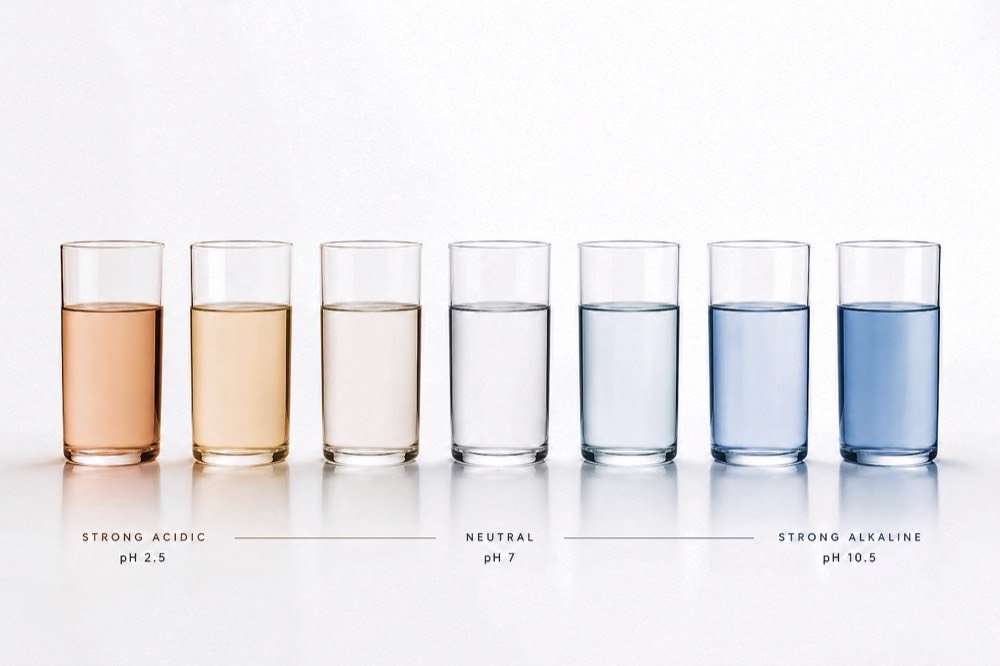 Five glasses of water arranged by pH — high acidic (pH 2.5) to high alkaline (pH 10.5), each subtly tinted from warm to cool