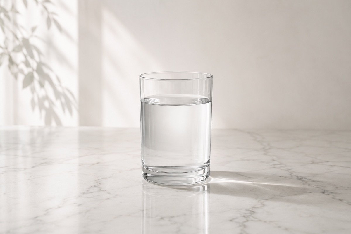 Clear glass of pure neutral water on white marble surface