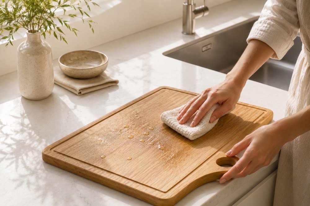 Hands sanitizing a wooden cutting board with high acidic water