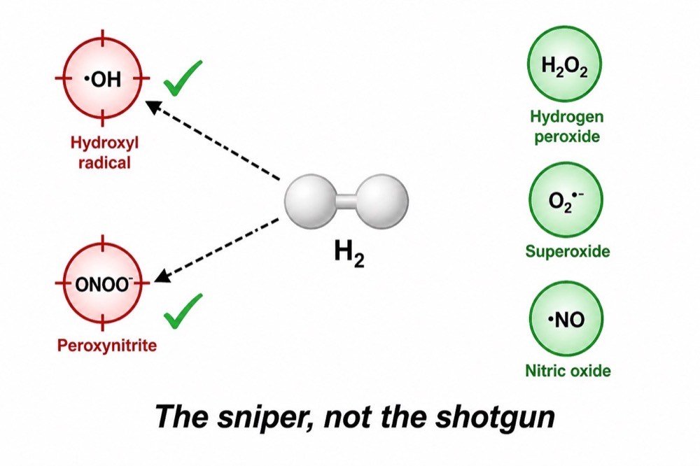 H2 selectivity diagram — targets hydroxyl radical and peroxynitrite while leaving hydrogen peroxide, superoxide, and nitric oxide untouched. The sniper, not the shotgun.