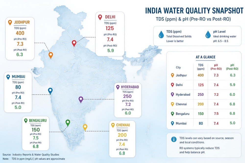 India Water Quality Snapshot — TDS and pH (Pre-RO vs Post-RO) for Jodhpur, Delhi, Hyderabad, Chennai, Bengaluru, Mumbai