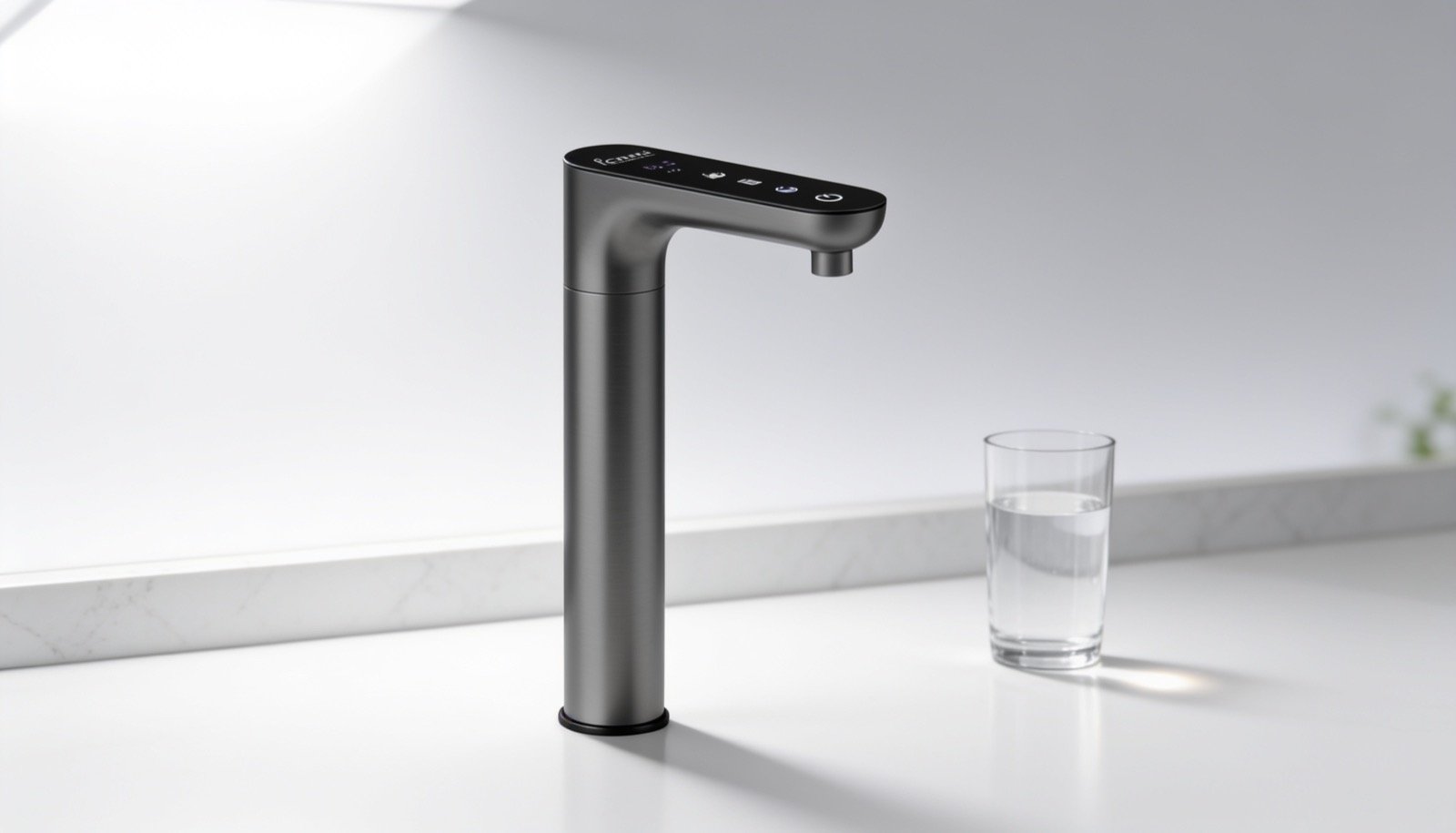 SOMAWA Modish — brushed graphite titanium faucet on a white countertop with a glass of water