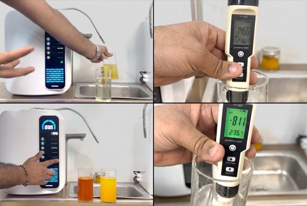 Four water quality tests during SOMAWA installation — ORP reading, pH test, oil emulsification, and hydrogen measurement