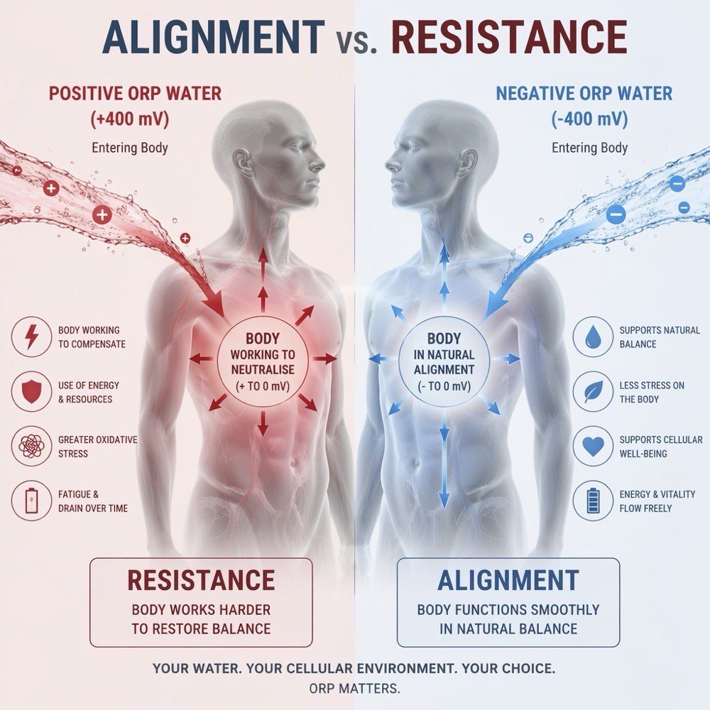 Alignment vs Resistance — positive ORP water causes body to work harder, negative ORP water aligns with body's natural state