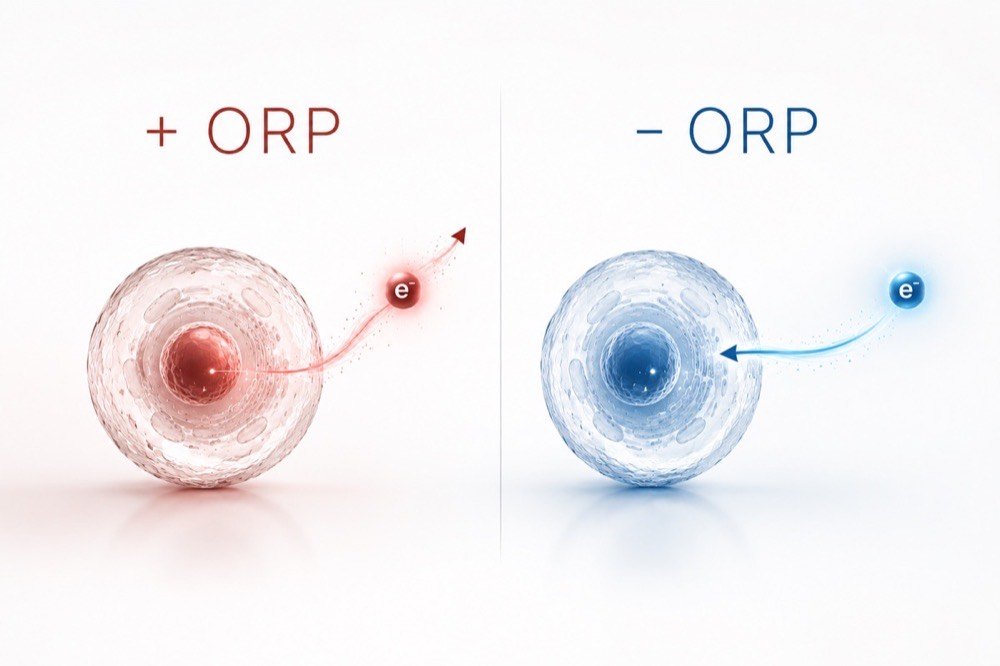 ORP explainer — positive ORP pulls electrons away from cell (oxidising, red), negative ORP donates electrons to cell (reducing, blue)