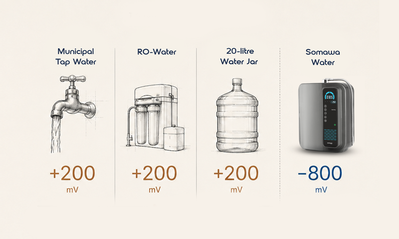 Typical ORP readings: municipal tap, RO water and the 20-litre jar all read about +200mV; SOMAWA water reads minus 800mV