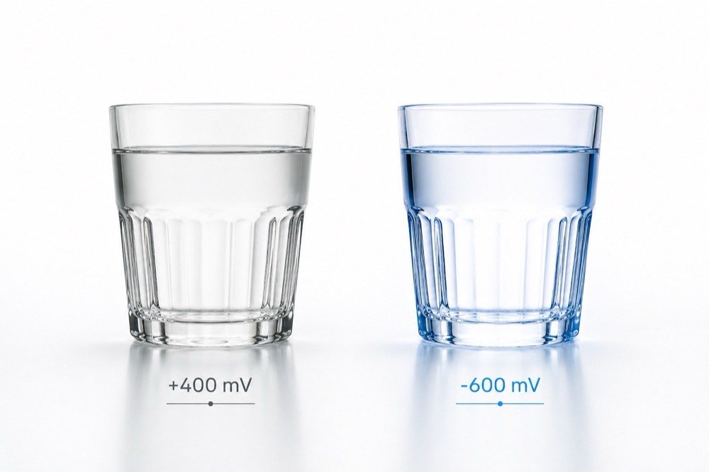 Two glasses of water — positive ORP (oxidising) vs negative ORP (reducing)