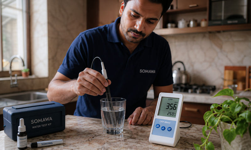 A SOMAWA specialist taking an ORP reading from a glass of water on an Indian kitchen counter