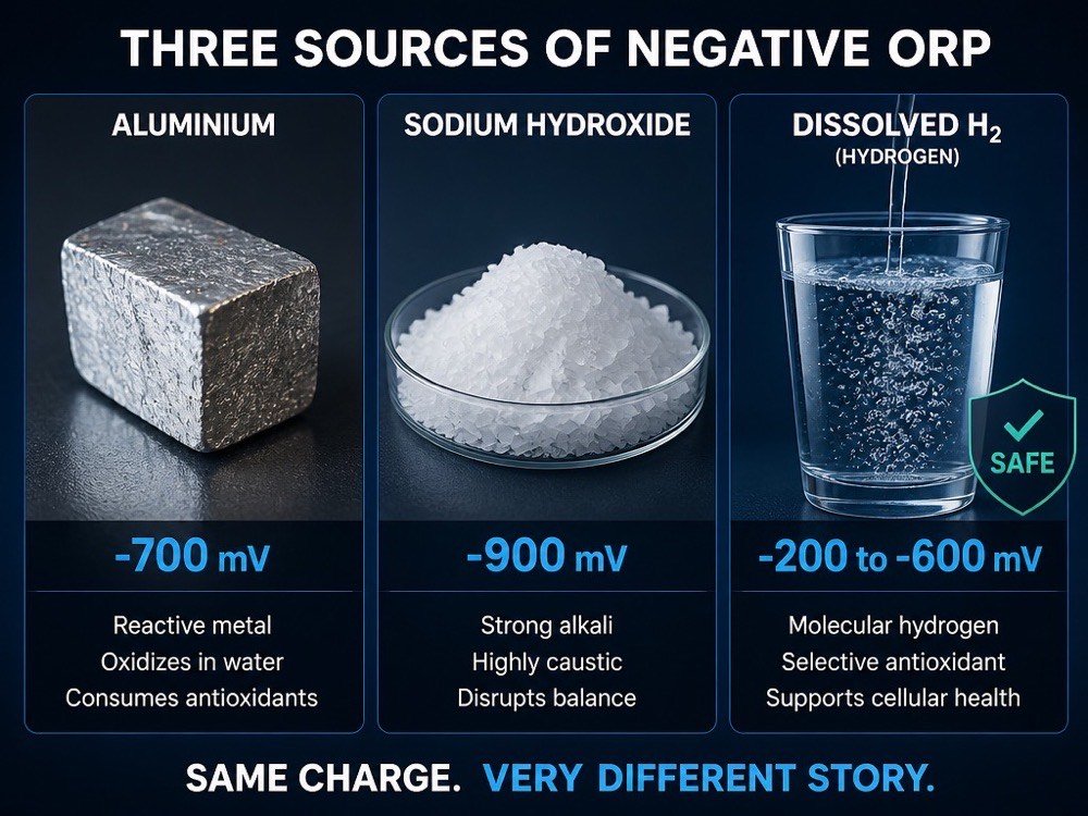 Three sources of negative ORP — Aluminium (-700 mV, toxic), Sodium Hydroxide (-900 mV, caustic), Dissolved H₂ (-200 to -600 mV, safe). Same charge. Very different story.
