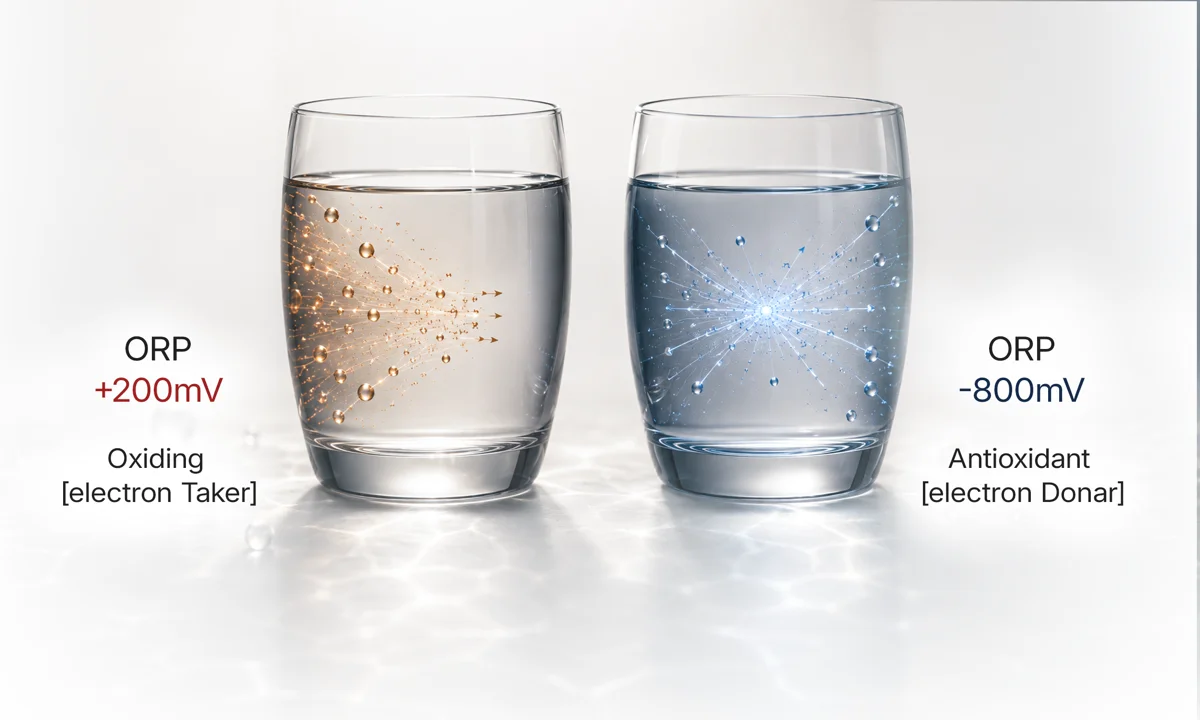 Positive ORP water at +200mV oxidises and takes electrons; negative ORP water at minus 800mV is antioxidant and gives them
