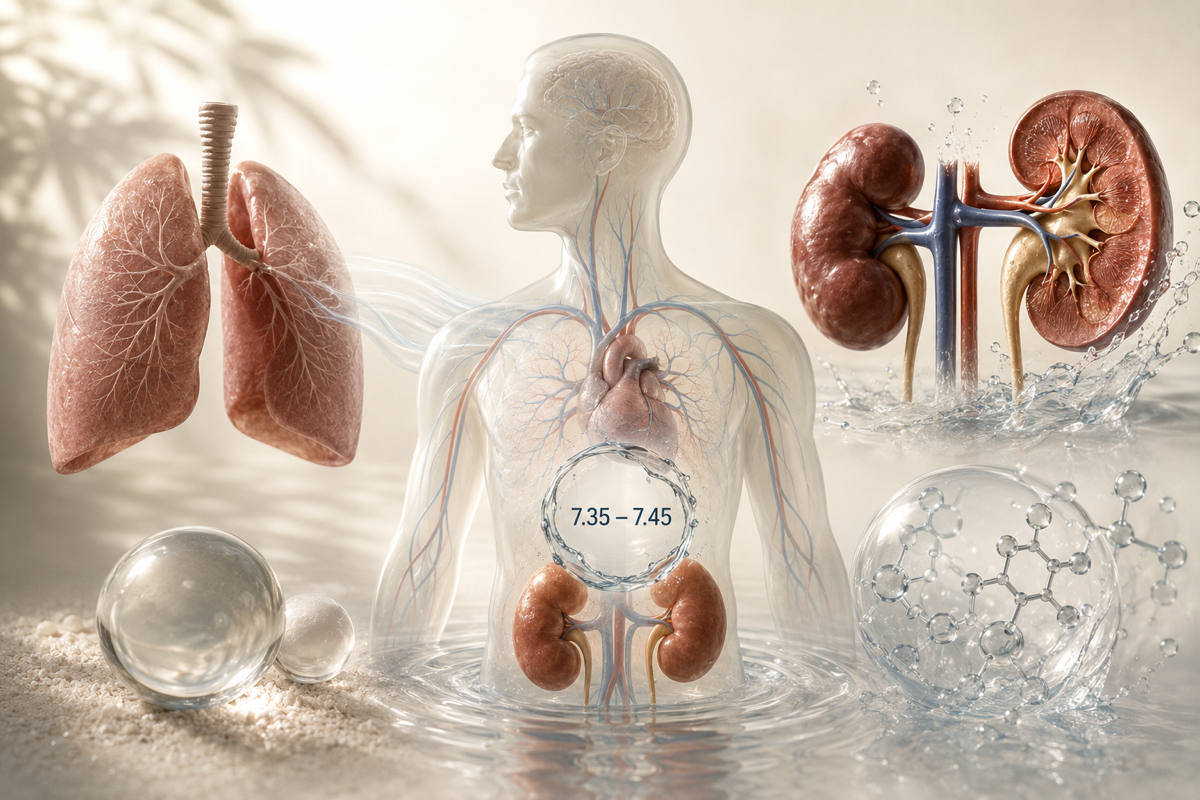 The body defends blood pH between 7.35 and 7.45 using the lungs and kidneys