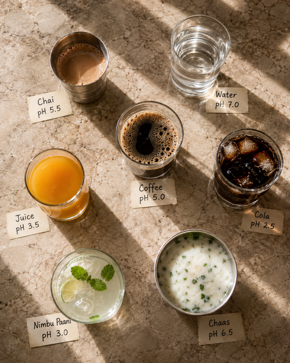 The pH of a day in drinks — chai, RO water, coffee, cola, packaged juice, nimbu paani and chaas, almost all acidic