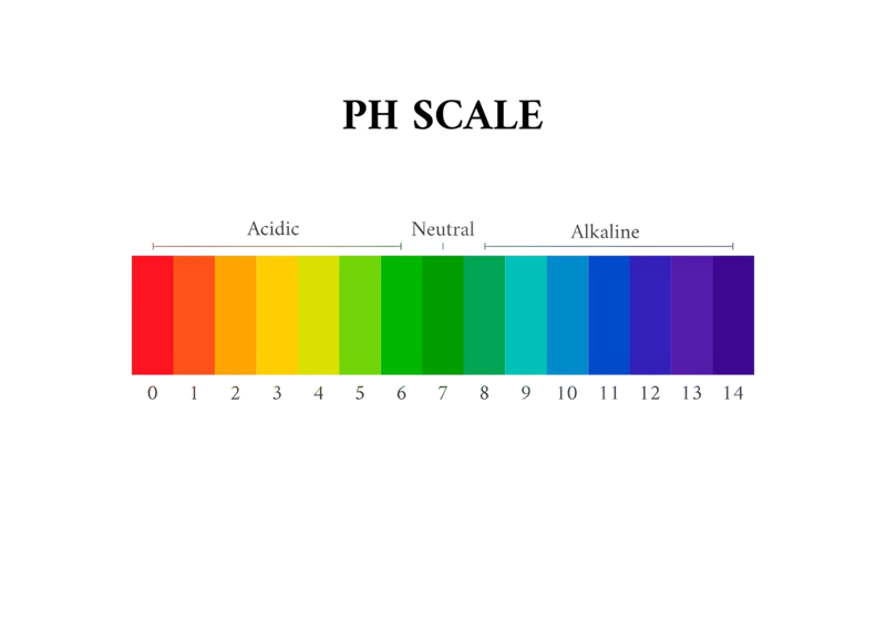 pH scale chart — gradient from acidic (red) through neutral (green) to alkaline (blue), 0 to 14