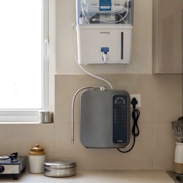 SOMAWA Amara NXT installed in a modern Indian kitchen, connected to an RO unit