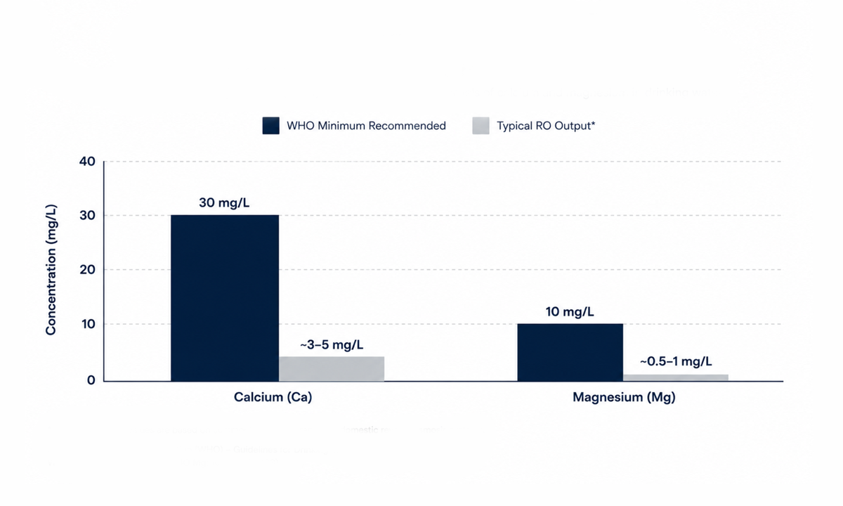 WHO guidance on demineralised water: keep at least 30 mg per litre calcium and 10 mg per litre magnesium