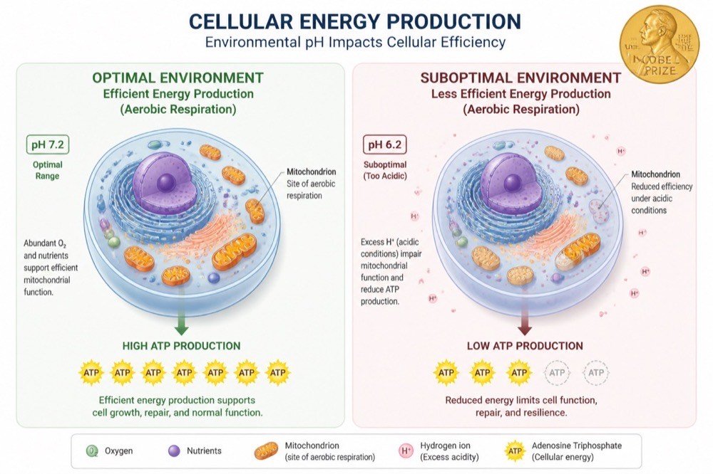 Cellular energy production — optimal pH 7.2 environment produces high ATP vs suboptimal pH 6.2 with reduced ATP production. Nobel Prize 1931.