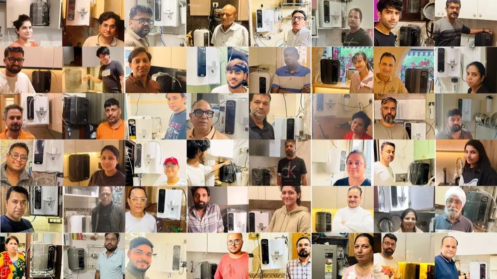 A collage of over 60 SOMAWA families across India — real customers with real machines in their homes