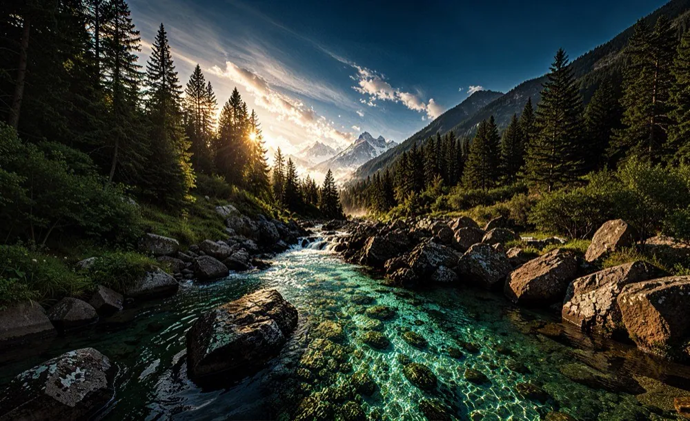 Himalayan mountain landscape with a pristine stream — the source of naturally hydrogen-rich, antioxidant water